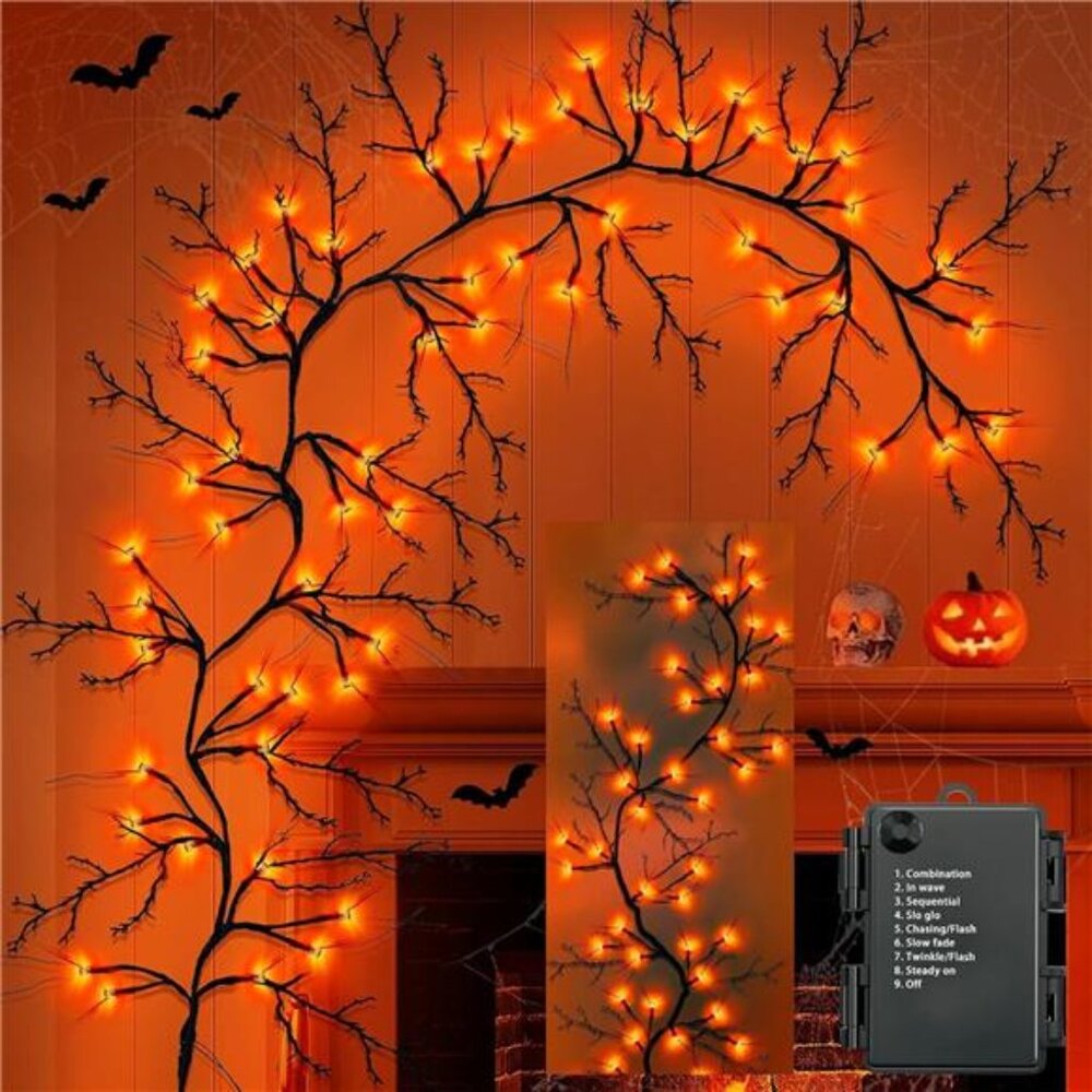 [8 Modes & Timer] 6 Ft 54LED Halloween Garland with Lights, Orange‎ Willow Vine